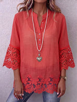 Vintage Elegant Cotton Linen Patchwork Hollowed Out Lace Shirt