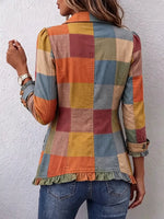 Color Block Pattern Art Print Ruffle Casual Stylish Cotton Lapel Coat