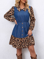 Vintage Elegant Denim Patchwork Leopard Print Ruffled Dress