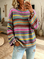 Women Ethnic Geometric Stripe Crew Neck Loose Long Sleeve Knit Sweater