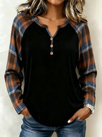 Women's Plaid Patchwork Henley Long Sleeve Top