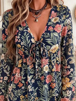 Retro Floral Pattern Art Print Casual Stylish Long Sleeve Mesh V Collar Shirt
