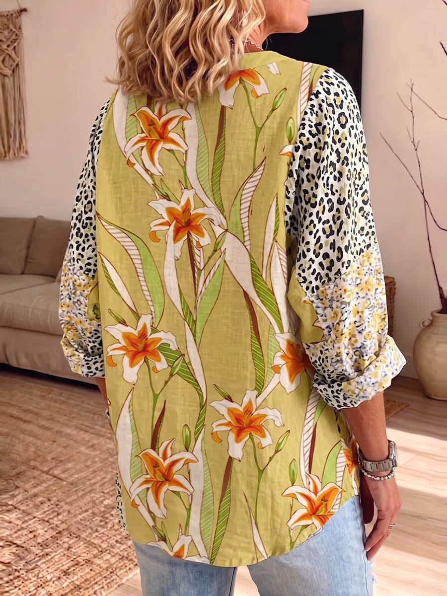 Vintage Elegant Button Long Sleeve Patterned Shirt