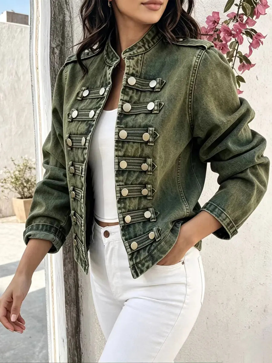 Retro Solid Color Stand Collar Art Casual Stylish Long Sleeve Denim Coat