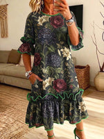 Retro Floral Pattern Art Print Casual Ruffle Stylish Cotton Linen Dress
