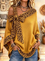 Women's Elegant Leopard Print Off-shoulder Loose Cape-style Knit Top