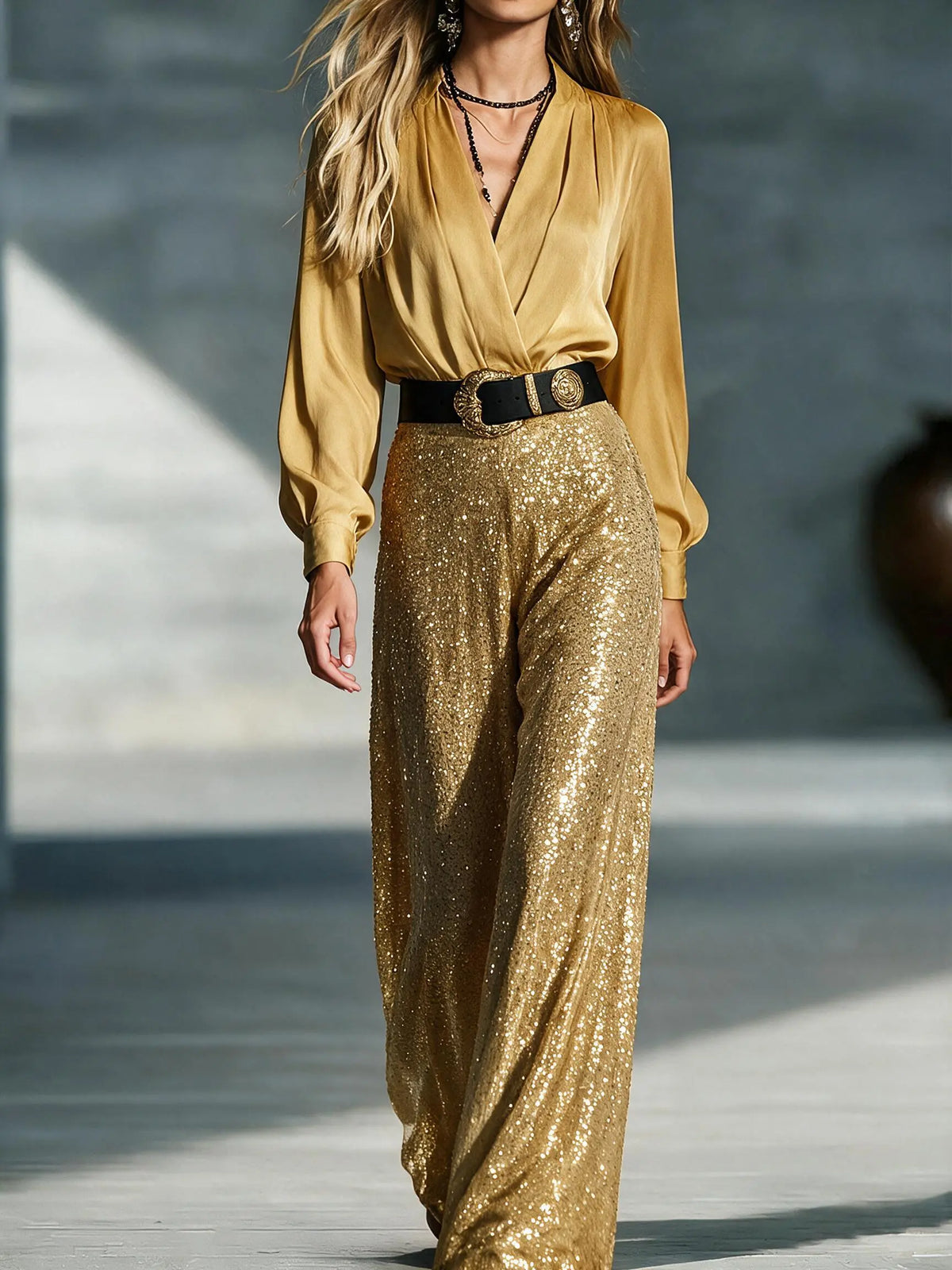 Glamorous V-Neck Long Sleeve Sequin Jumpsuit with Belt
