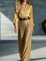 Glamorous V-Neck Long Sleeve Sequin Jumpsuit with Belt