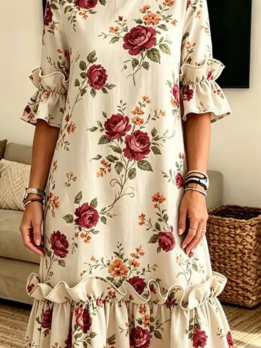Retro Floral Pattern Art Print Casual Ruffle Stylish Cotton Linen Dress