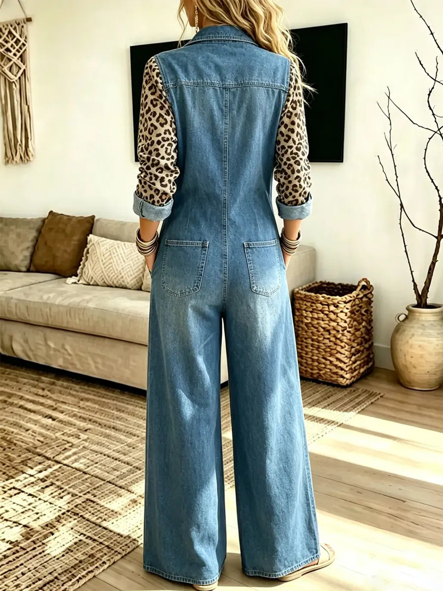 Retro Leopard Pattern Patchwork Art Stylish Lapel Long Sleeve Denim Jumpsuit
