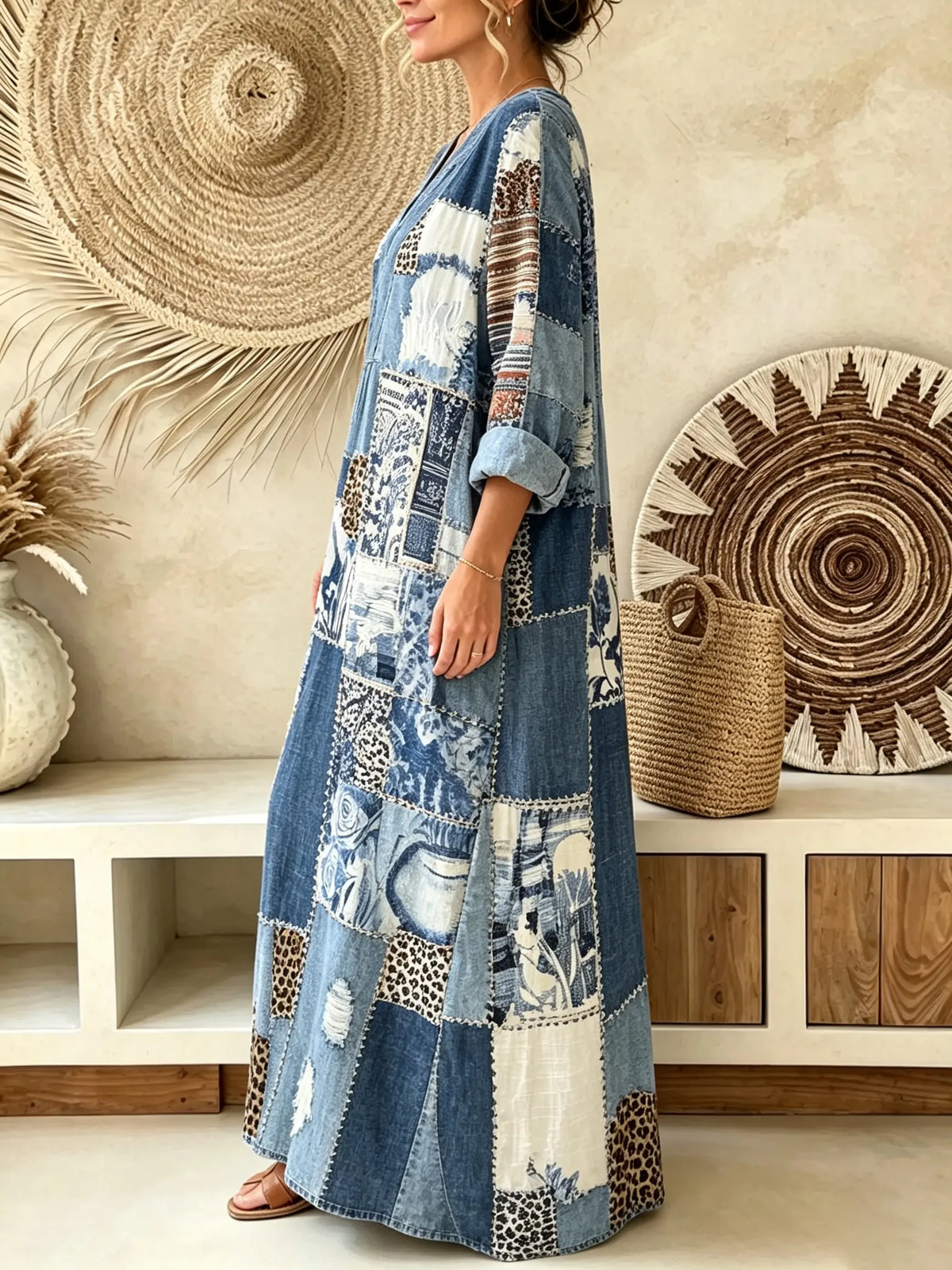 Women Vintage Patchwork Leopard Floral V-Neck 3/4 Sleeve Maxi Dress