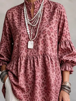 Retro Leopard Art Pattern Print Ruffle Casual Stylish Cotton Linen Shirt