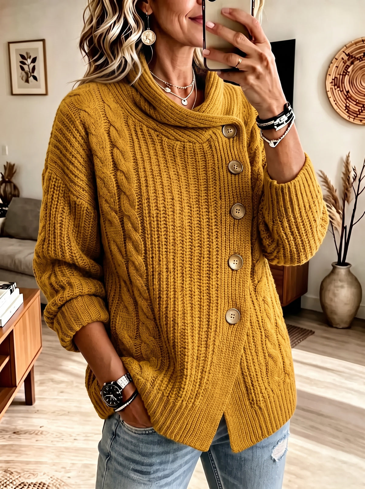 Cozy Mustard Cowl Neck Asymmetric Button Wrap Sweater