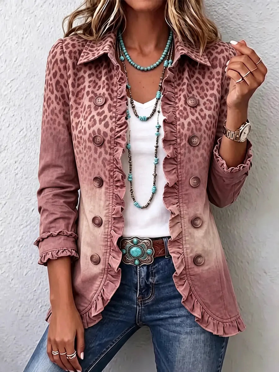 Retro Leopard Pattern Art Print Ruffle Casual Stylish Cotton Lapel Coat