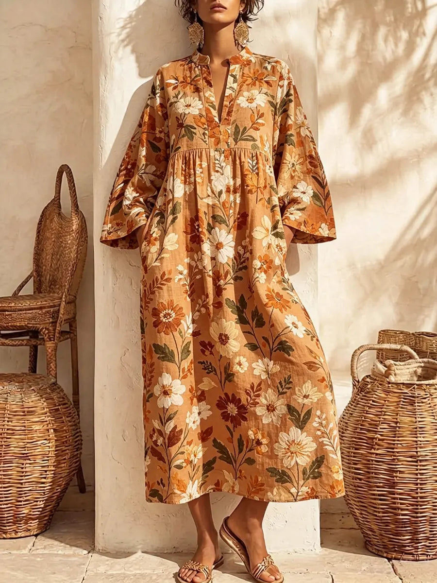 Retro Floral Pattern Art Print Casual V-neck Cotton Linen Maxi Dress