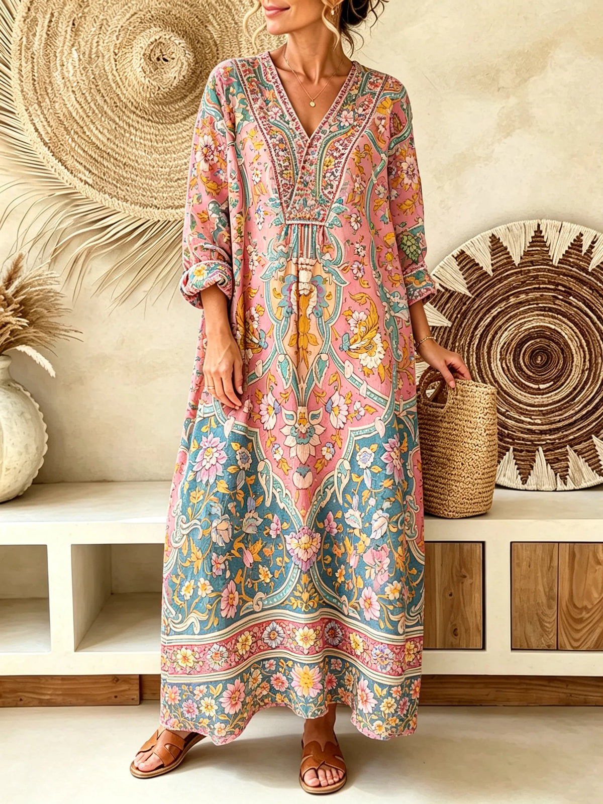 Women Pastel Floral Border Print V-neck Maxi Dress