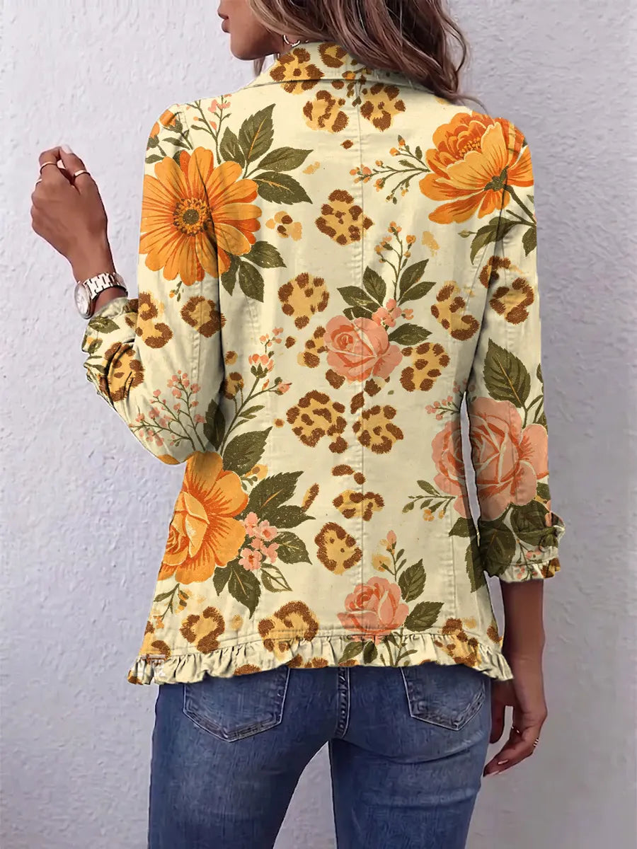Retro Floral Leopard Pattern Art Print Ruffle Casual Stylish Cotton Lapel Coat