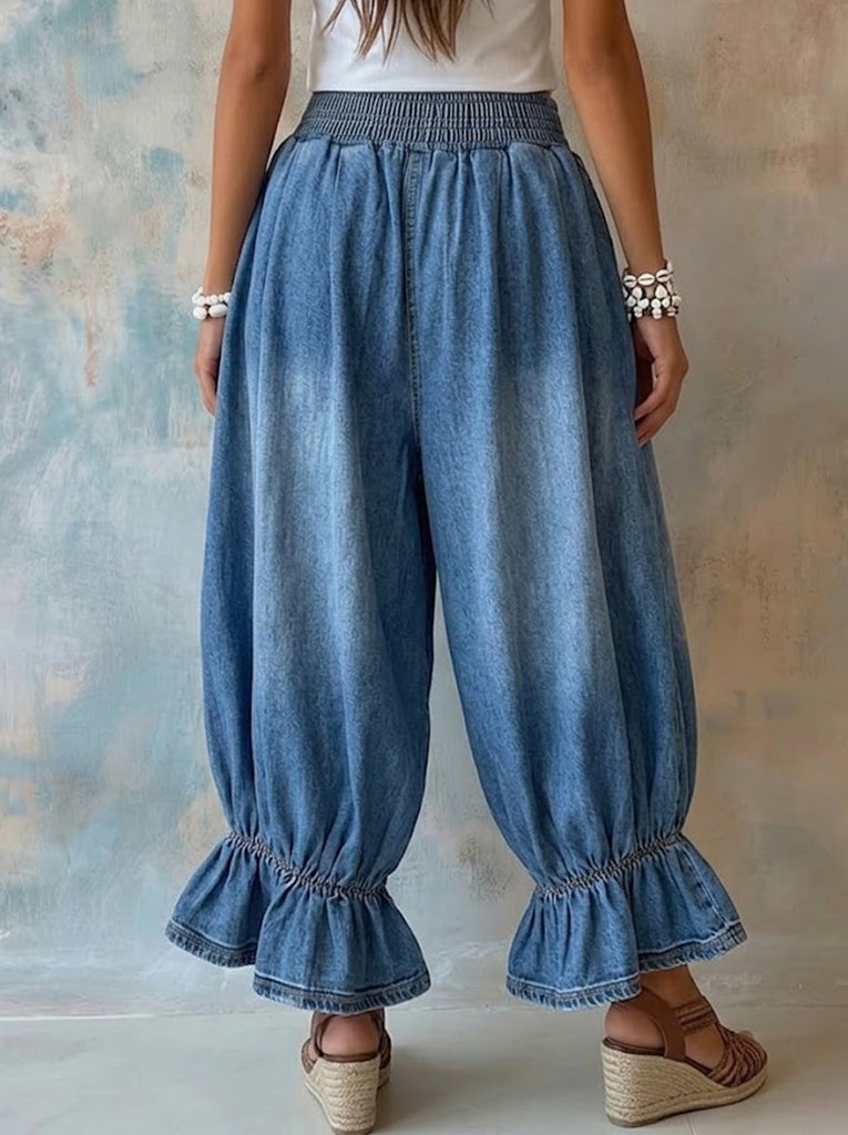Retro Boho Ruffle Hem Denim Lantern Pants - Elastic High Waist Baggy Jeans