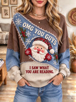 Women's Santa Claus And Cowboy Print Patchwork Crewneck Christmas Sweatshirt