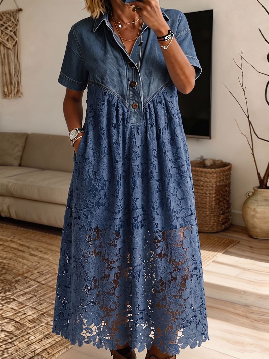 Vintage Elegant Hollowed Out Lace Patchwork Denim Dress