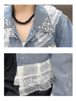 Retro Ruffled Lace Patchwork Pearls Art Casual Stylish Long Sleeve Denim Coat