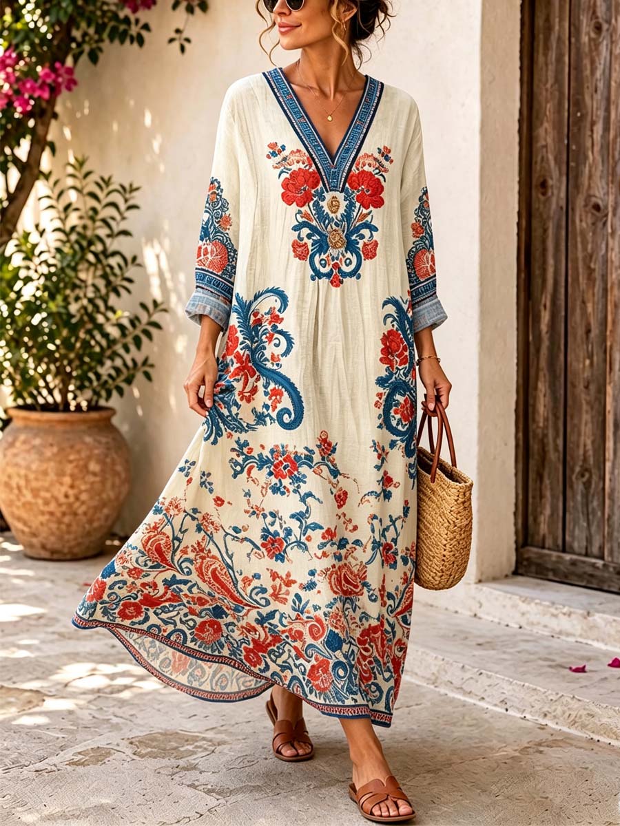 Retro Floral Pattern Art Print Casual V-neck Cotton Linen Maxi Dress