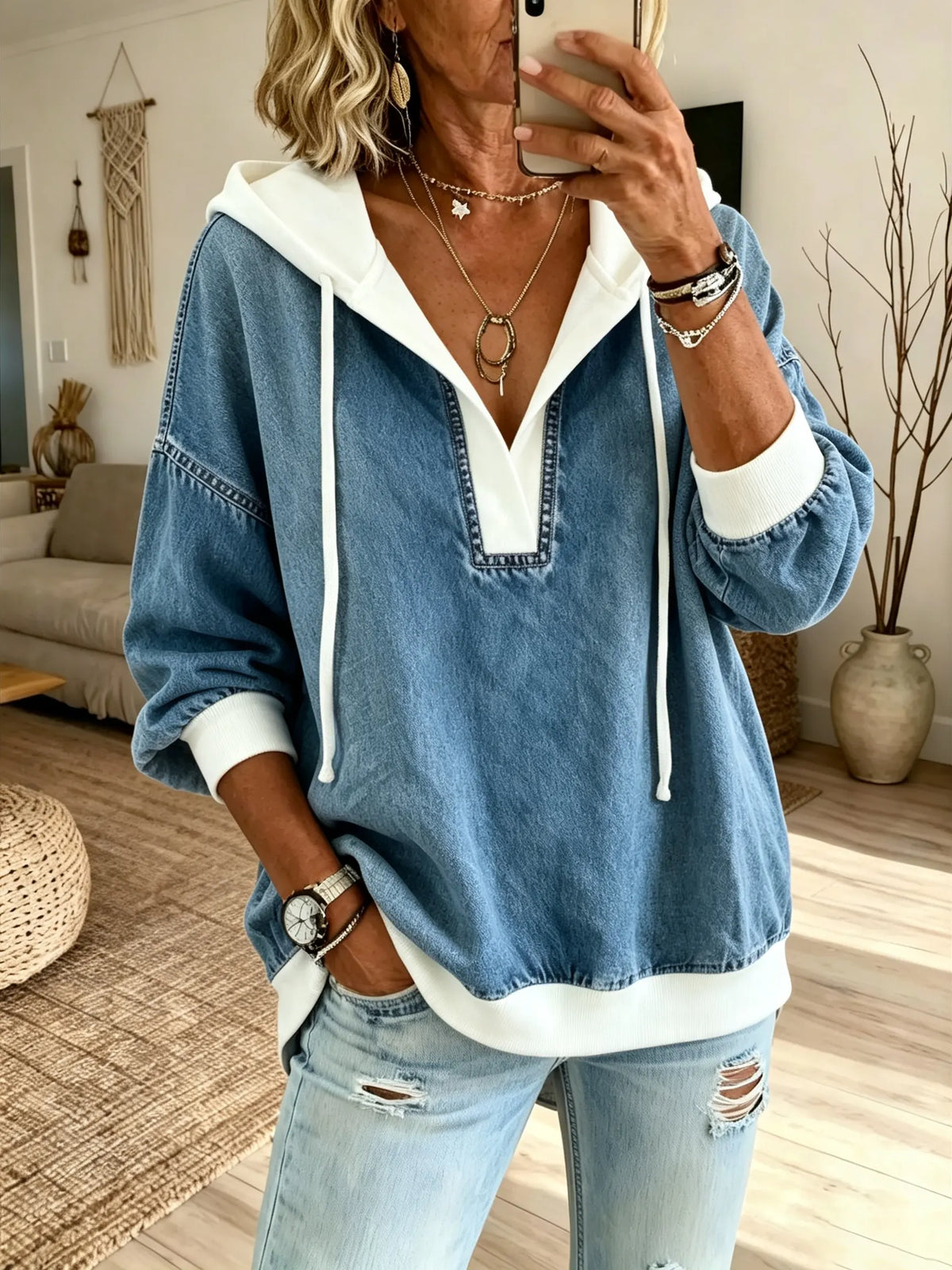 Women Solid Spliced Hooded Denim Pullover Top