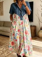 Vintage Floral Pattern Art Print Casual Stylish Lapel Denim Patchwork Dress