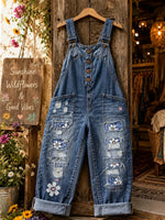 Women's Dark Washed Denim Leopard Floral Patch Distressed Straight Leg Overalls
