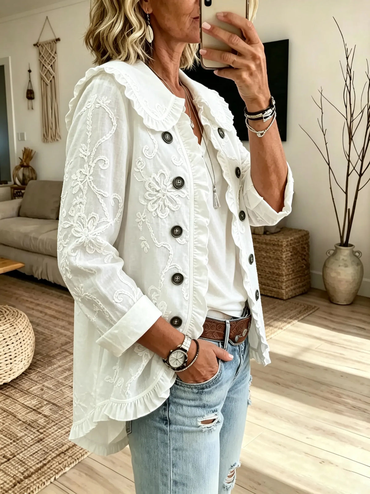 Women Solid Ruffle Collar Short Jacket