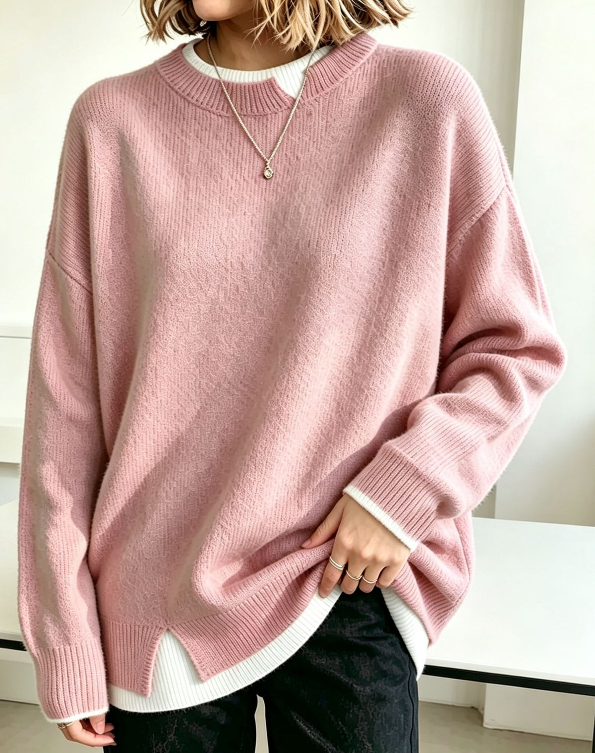 Women Light Blue Mock Loose Long Sleeve Knit Sweater