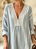 Women’s Blue White Vertical Stripe Hollow Lace Spliced V-Neck Loose Cotton Linen Maxi Dress