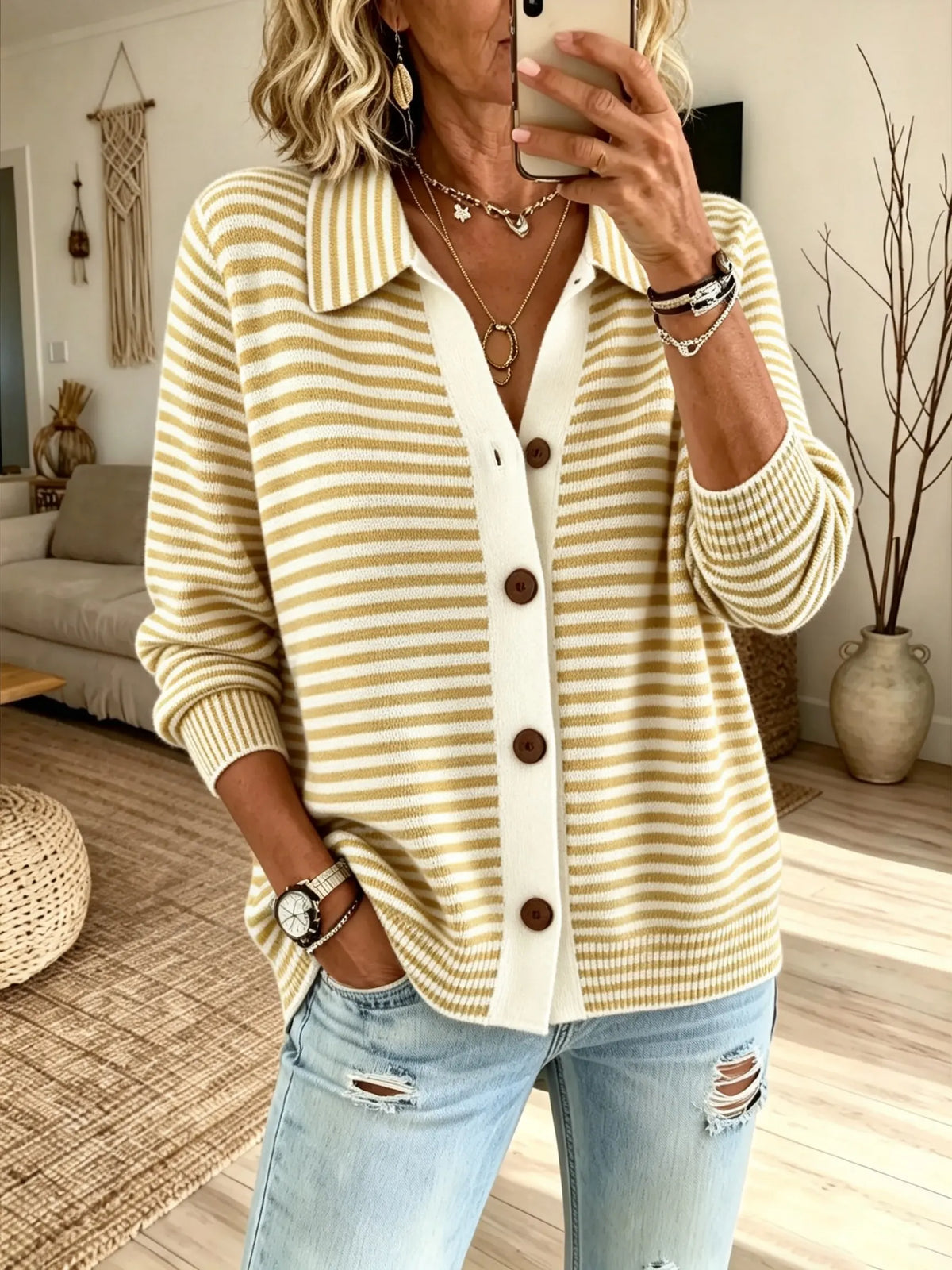 Women Green White Horizontal Stripe Collared Single Breasted Loose Knit Cardigan