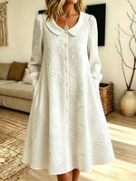 Retro Floral Art Print Casual Stylish Peter Pan Collar Long Sleeve Cotton Midi Dress