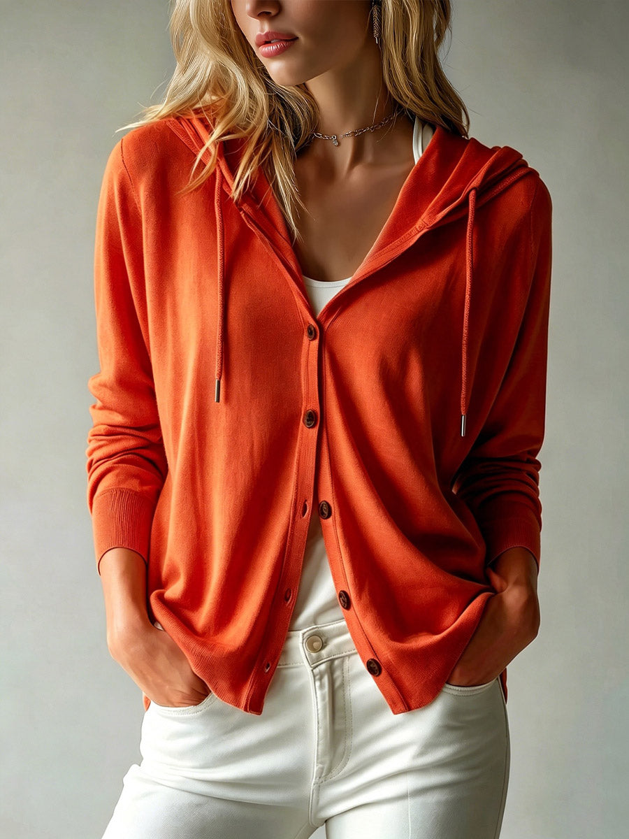 Women's Solid Color Art Casual Hooded Long Sleeve Button Knit Cardigan