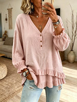 Women Solid Texture Ruffle Long-Sleeve Open Front Top