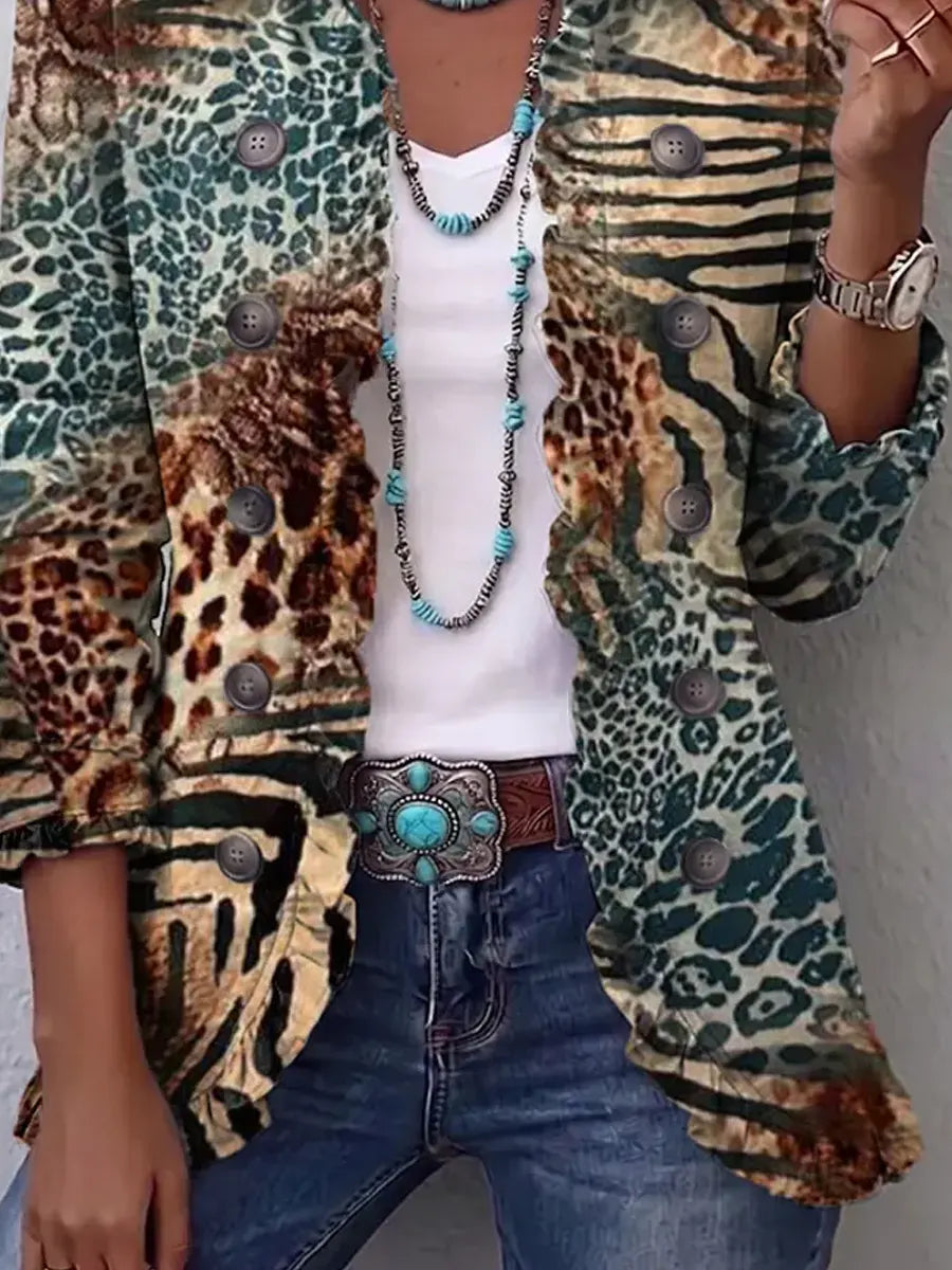 Retro Leopard Pattern Art Print Ruffle Casual Stylish Cotton Lapel Coat