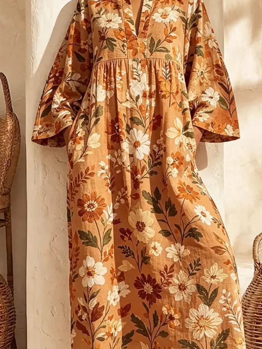 Retro Floral Pattern Art Print Casual V-neck Cotton Linen Maxi Dress
