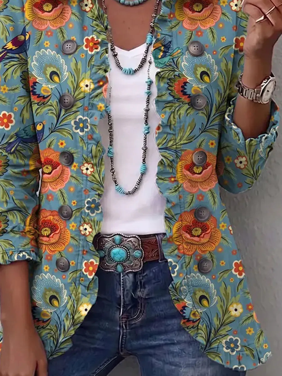Retro Floral Birds Art Pattern Print Ruffle Casual Stylish Cotton Lapel Coat