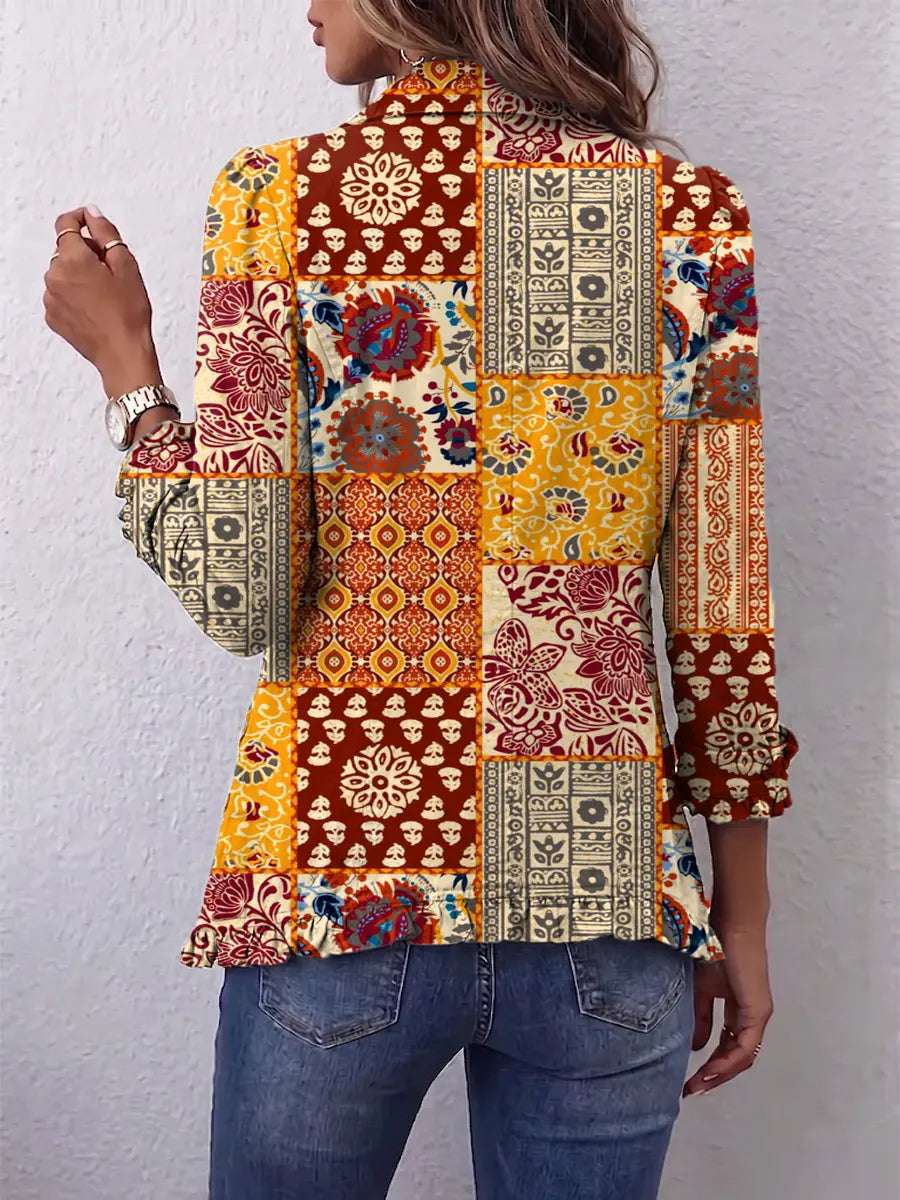 Retro Floral Pattern Art Print Ruffle Casual Stylish Cotton Lapel Coat