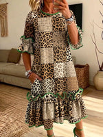 Retro Leopard Patchwork Pattern Art Print Casual Ruffle Stylish Cotton Linen Dress