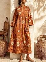 Retro Floral Pattern Art Print Casual V-neck Cotton Linen Maxi Dress