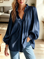 Elegant Solid Color Ruffle Art Stylish Casual Long Sleeve Cotton Linen Shirt
