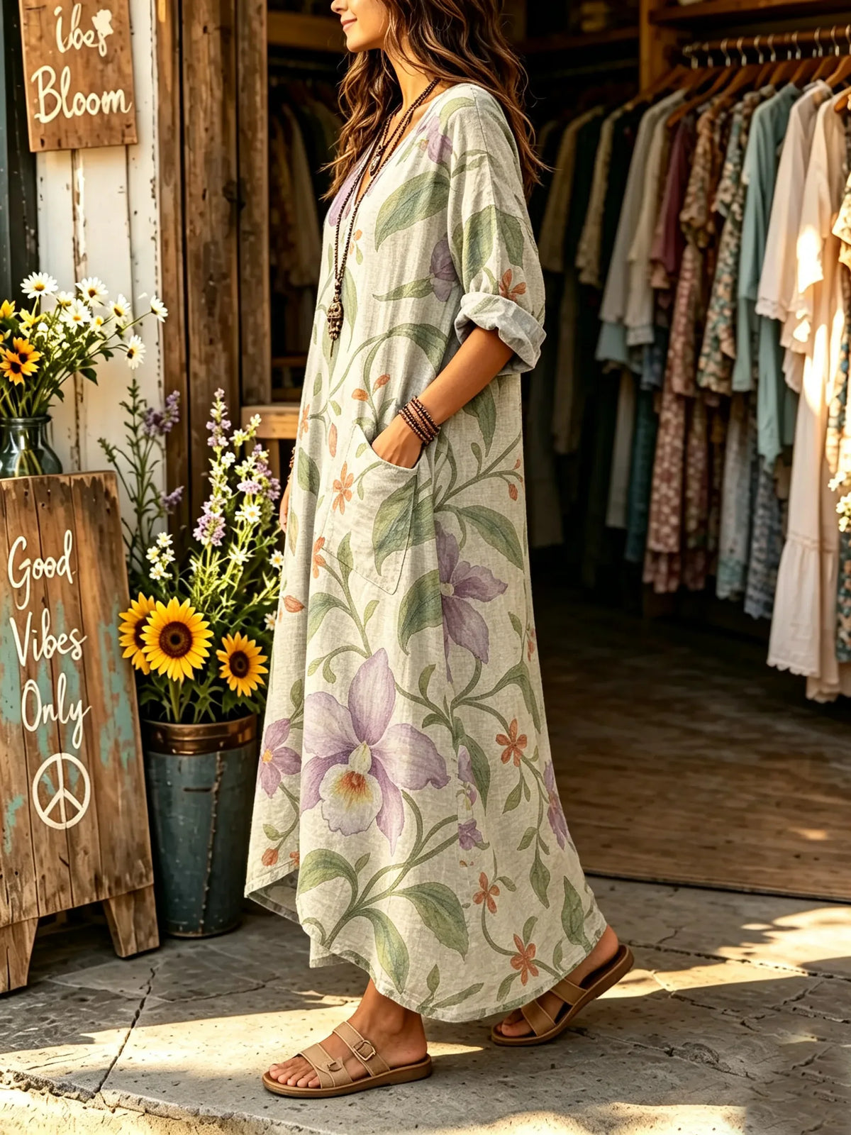 Women's Watercolor Orchid Floral Print V-neck Maxi Dress