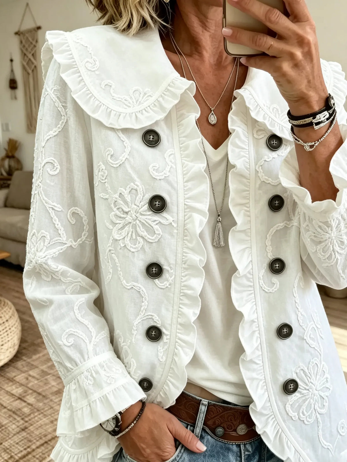 Women Solid Ruffle Collar Short Jacket