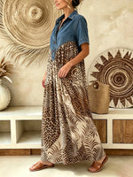 Women Leopard Palm Leaf Print Short Sleeve Denim Spliced Maxi Dress