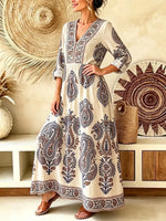Retro Ethnic Floral Pattern Art Print Casual V-neck Cotton Linen Maxi Dress