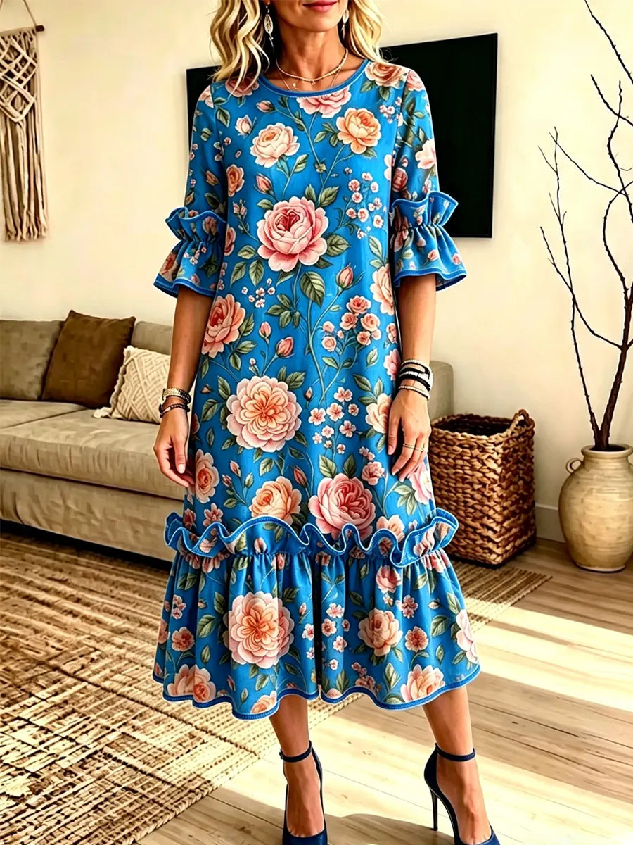 Retro Floral Pattern Art Print Casual Ruffle Stylish Cotton Linen Dress