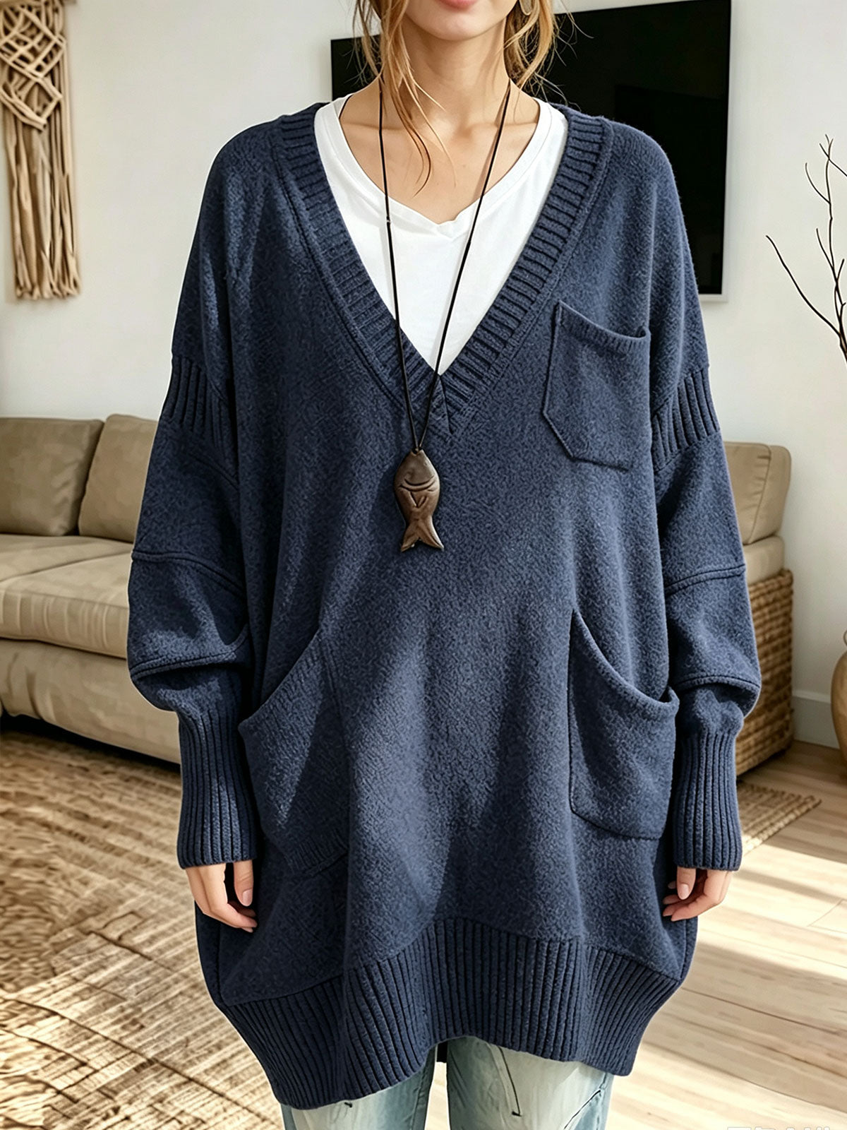 Women Oversized V‑Neck Multi‑Pocket Loose Long Knit Sweater