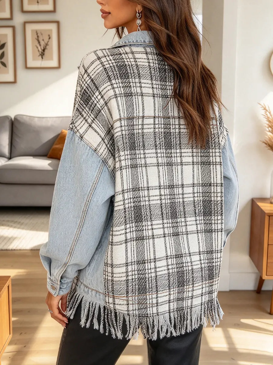 Retro Plaid Pattern Art Denim Patchwork Casual Stylish Long Sleeve Lapel Coat